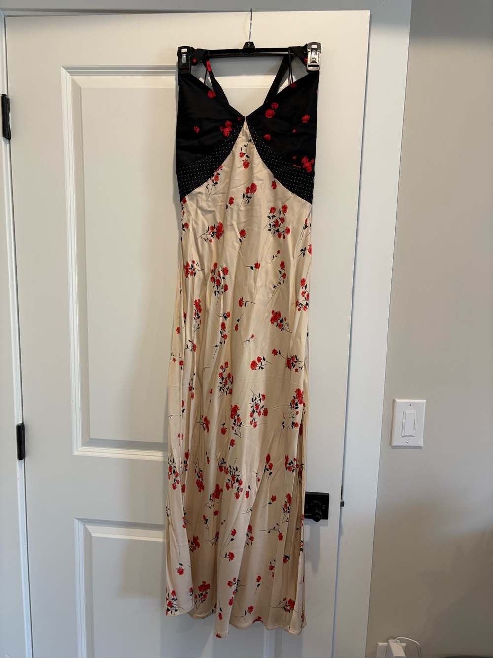 French Connection Cream Midi Slip Dress with Red Floral and Black Accents
